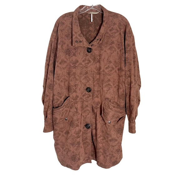 Free People Rusty Brown Boho Tapestry Print Victorian Button Down Coat Sz Small - Picture 1 of 14